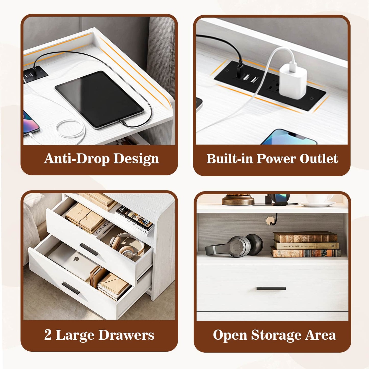 2 Drawer Nightstand with Charging Station