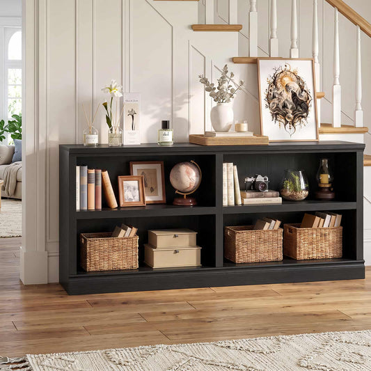 47.3" Wide 4 Cube Bookcase Organizer, 2-Tiers Wooden Low Bookcase
