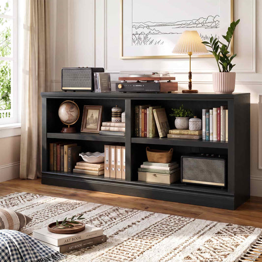 63" Wide 4 Cube Bookcase Organizer, 2-Tiers Wooden Low Bookcase