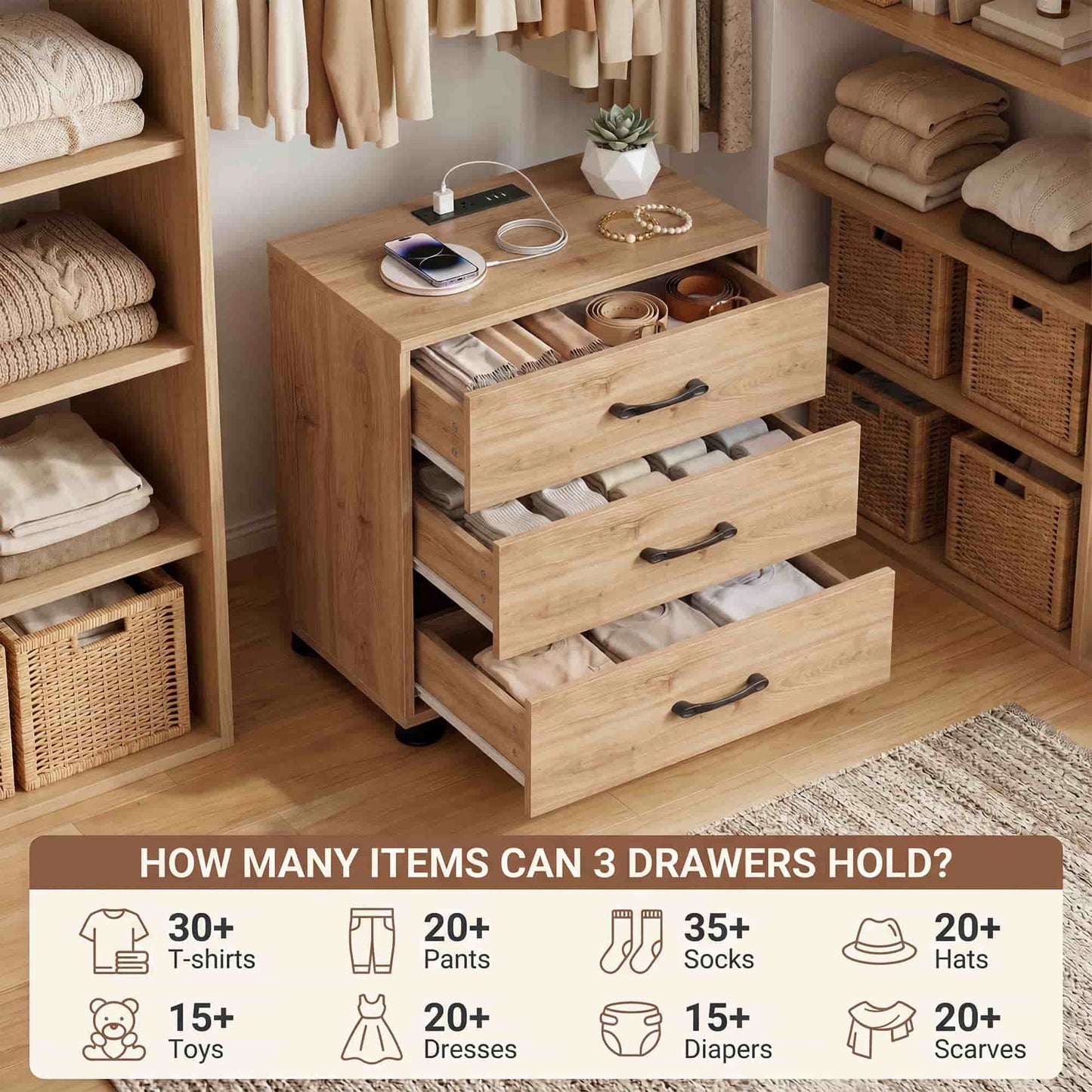 3 Drawer Dresser with Charging Station
