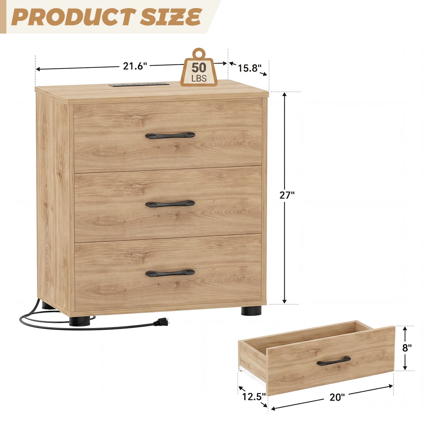 3 Drawer Dresser with Charging Station