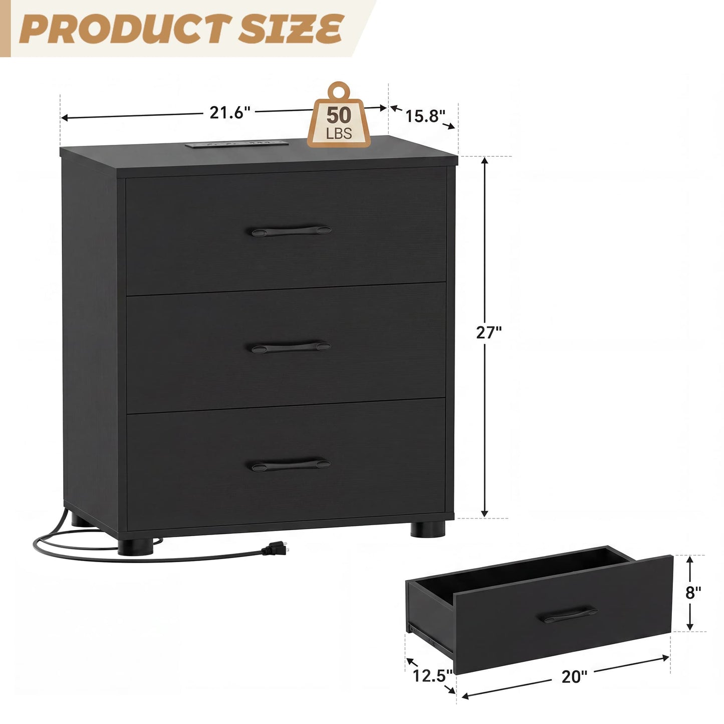 3 Drawer Dresser with Charging Station