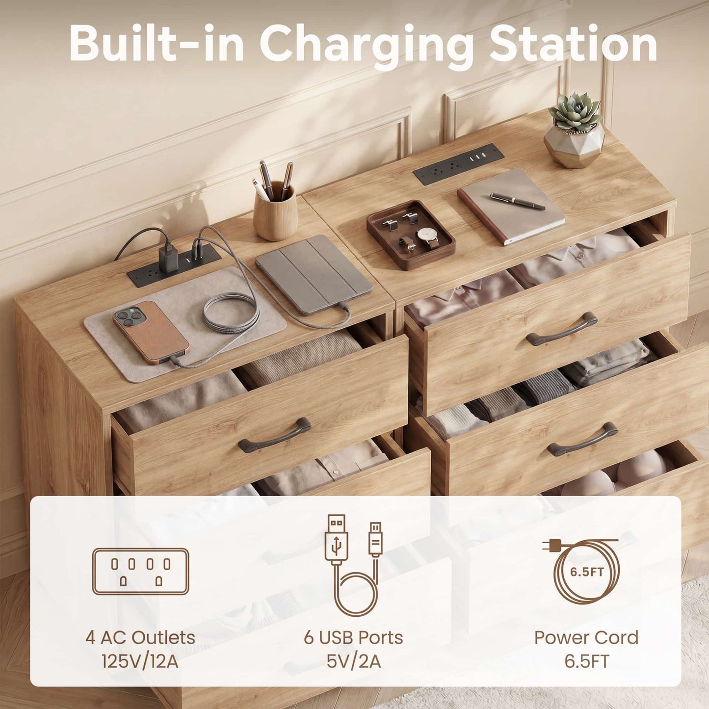3 Drawer Dresser with Charging Station Set of 2