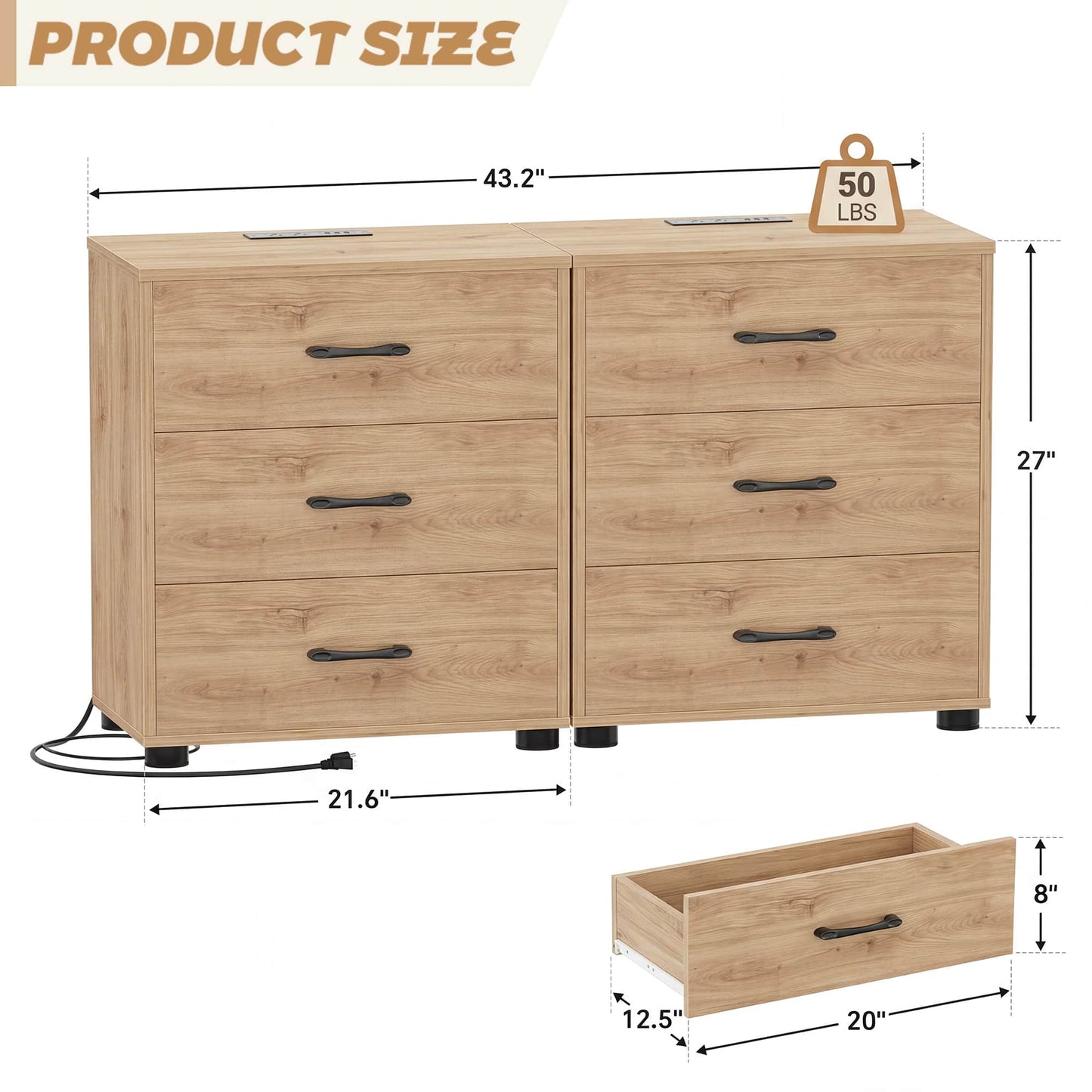 3 Drawer Dresser with Charging Station Set of 2