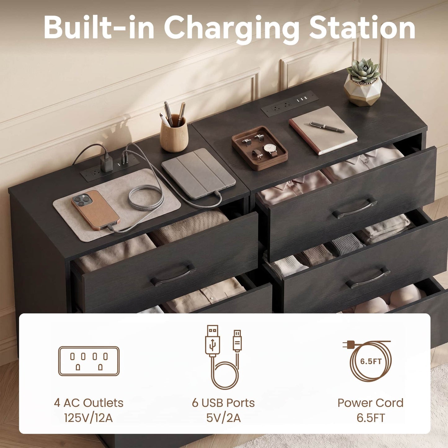 3 Drawer Dresser with Charging Station Set of 2