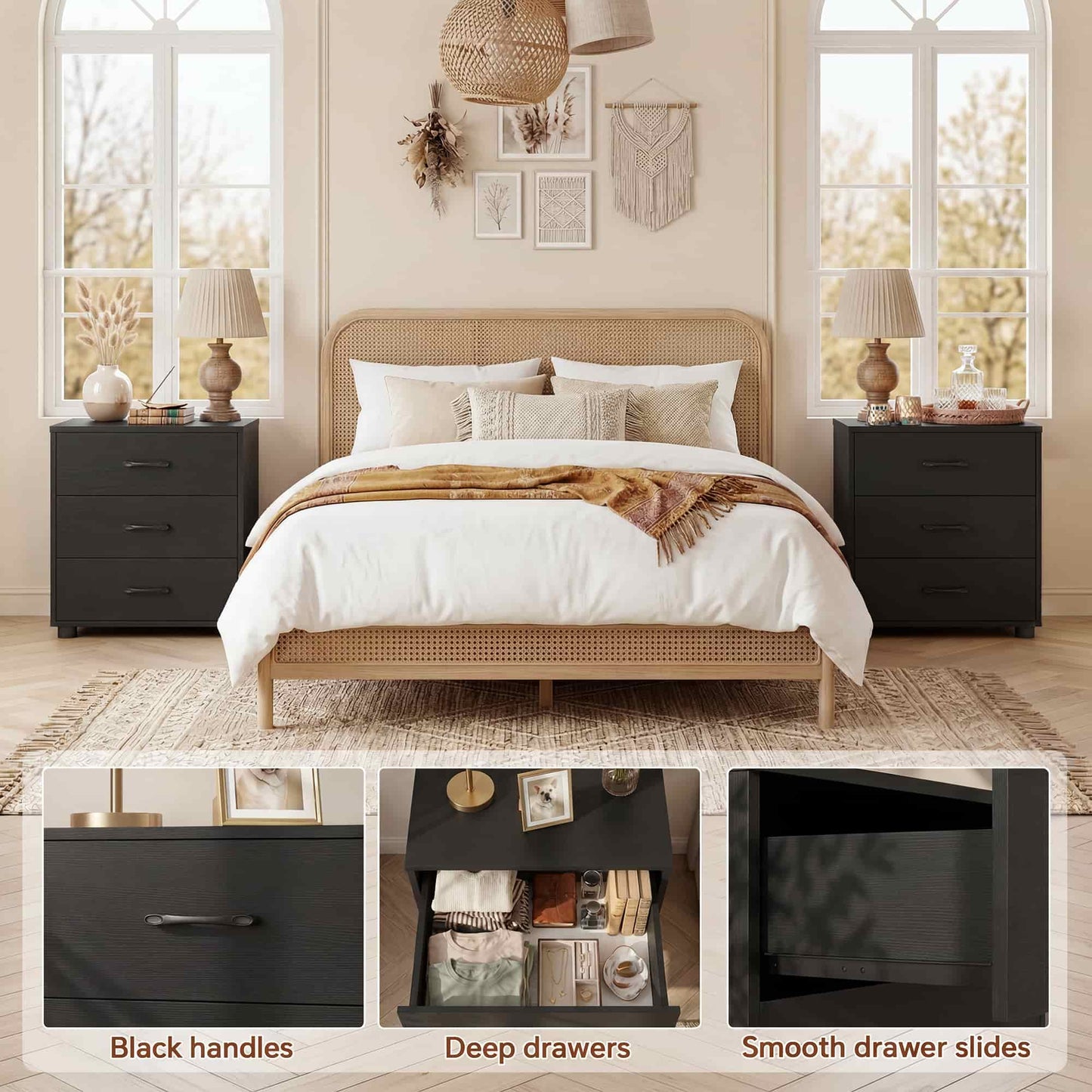 3 Drawer Dresser with Charging Station Set of 2
