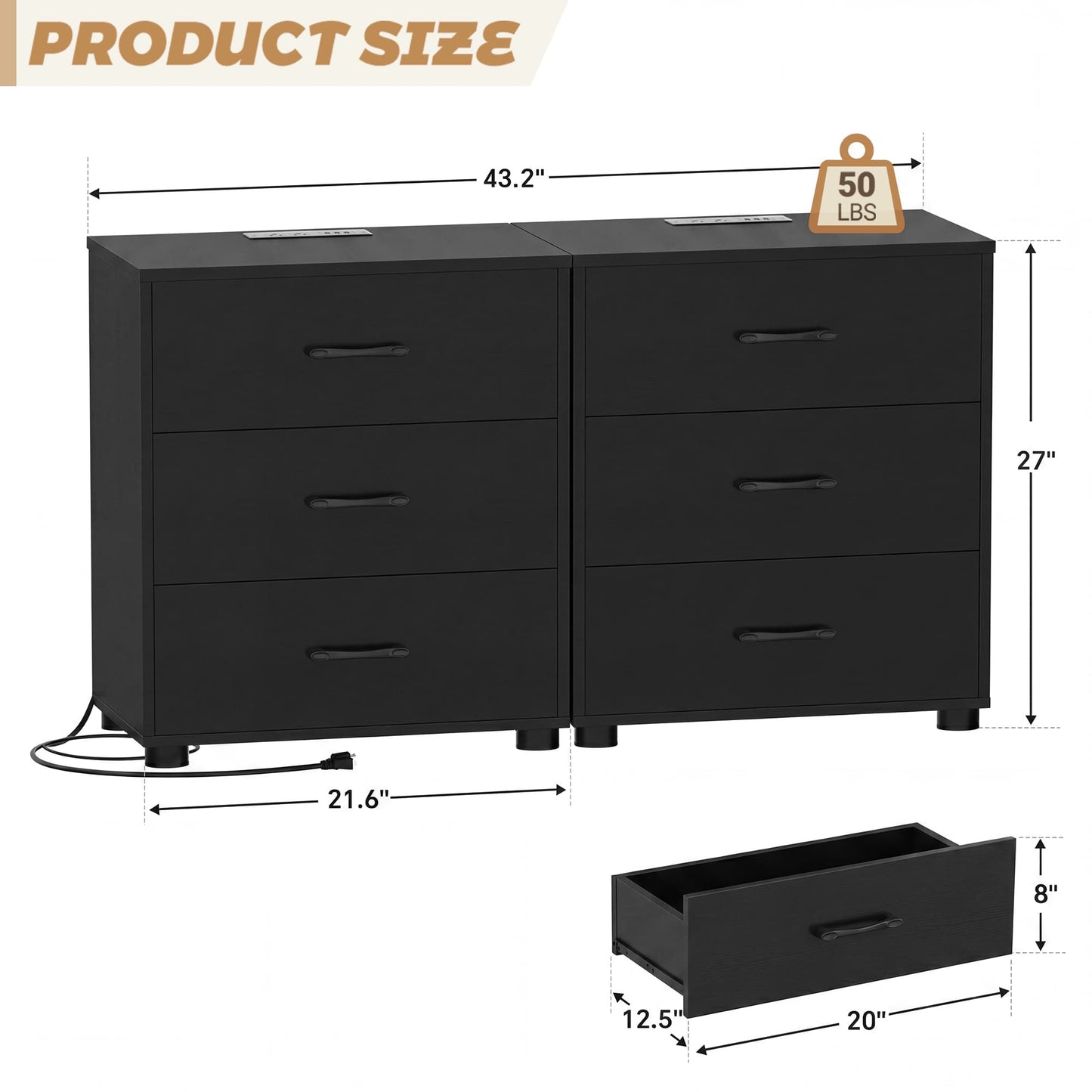 3 Drawer Dresser with Charging Station Set of 2