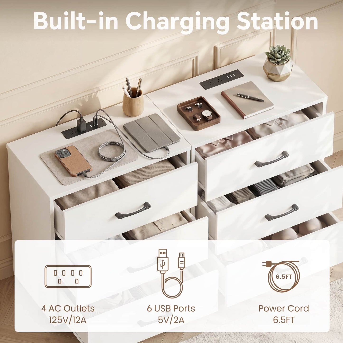 3 Drawer Dresser with Charging Station Set of 2