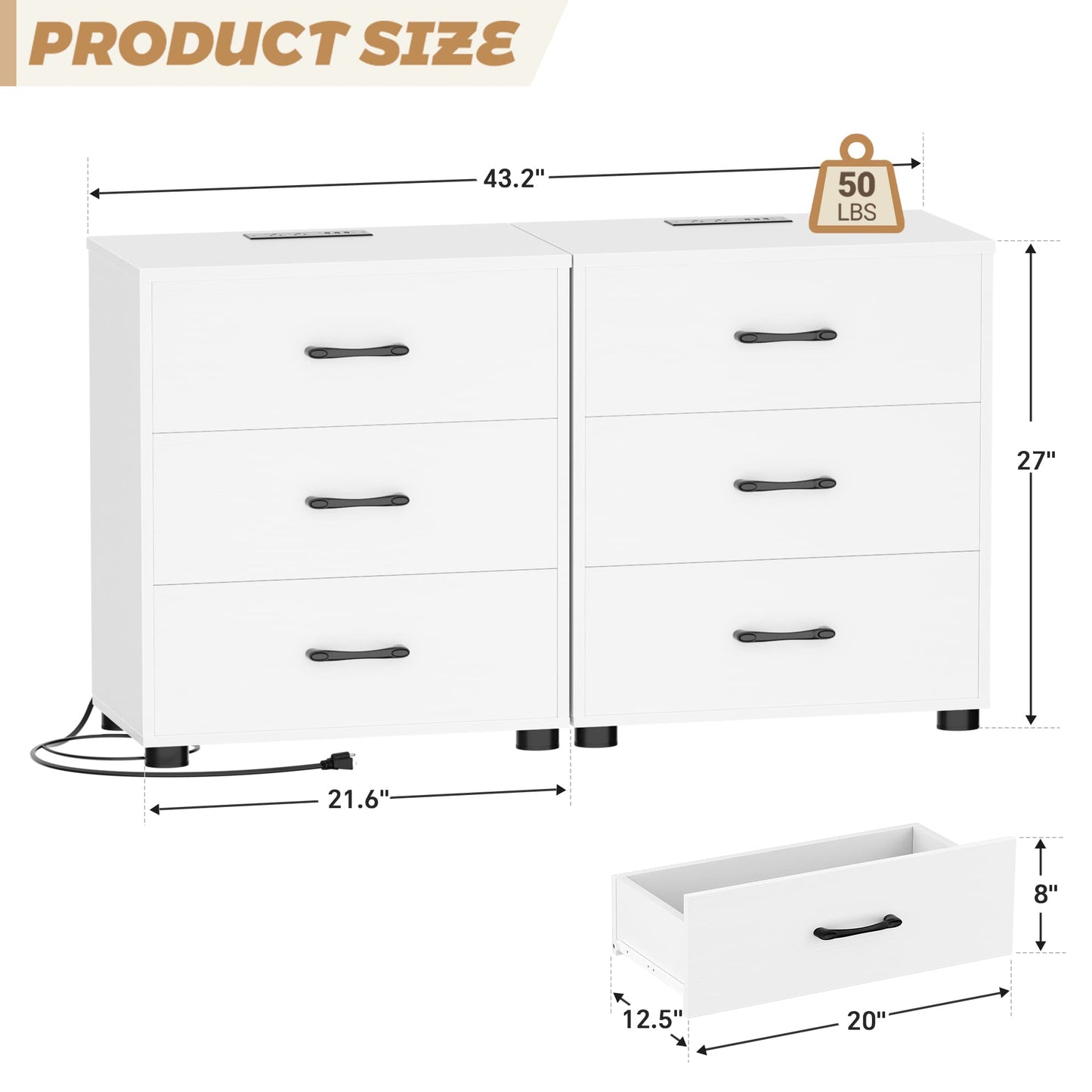 3 Drawer Dresser with Charging Station Set of 2