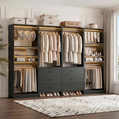 98'' W 4 Piece Walk in Closet Storage System with 6 Drawers & Hanging Rods