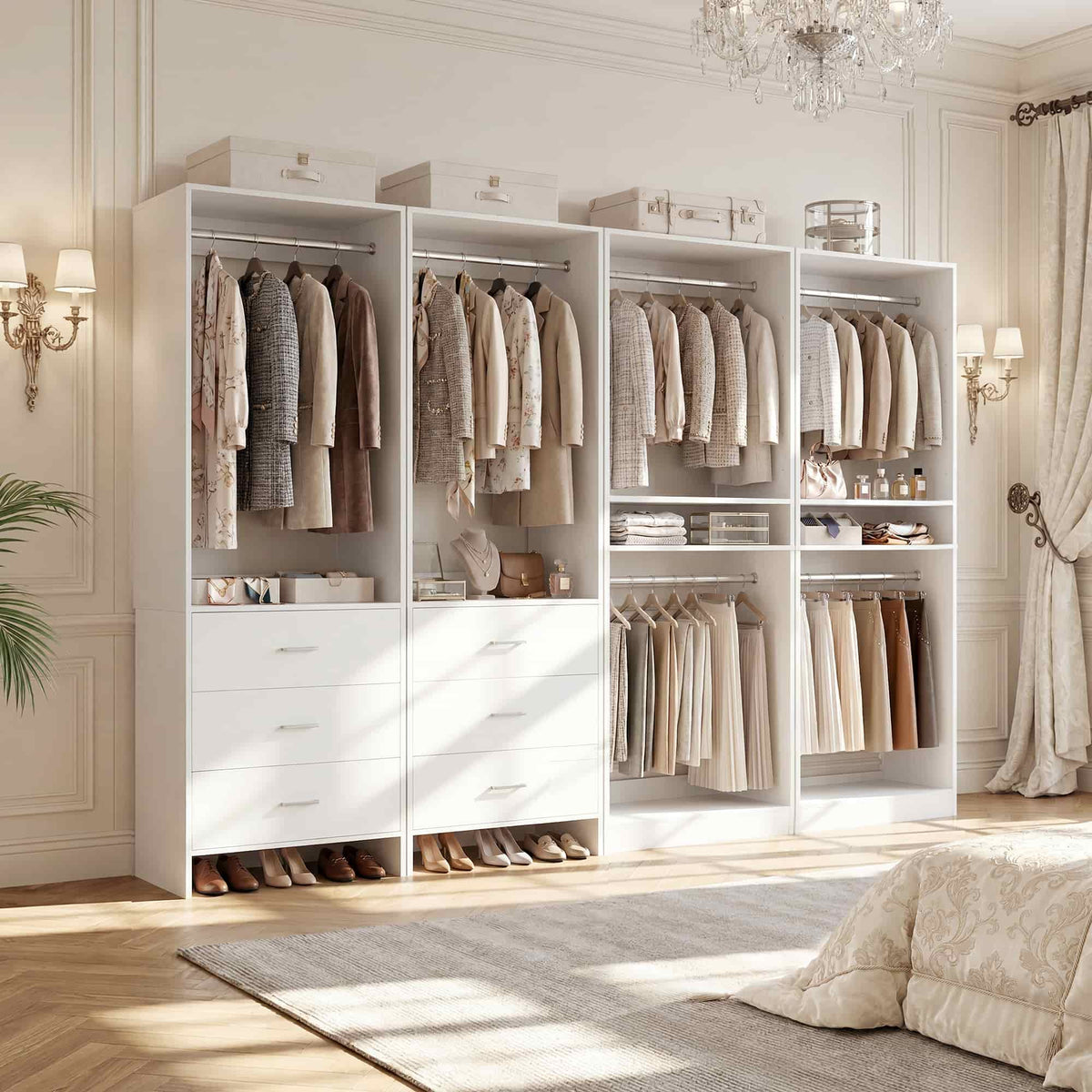 98'' W 4 Piece Walk in Closet Storage System with 6 Drawers & Hanging Rods