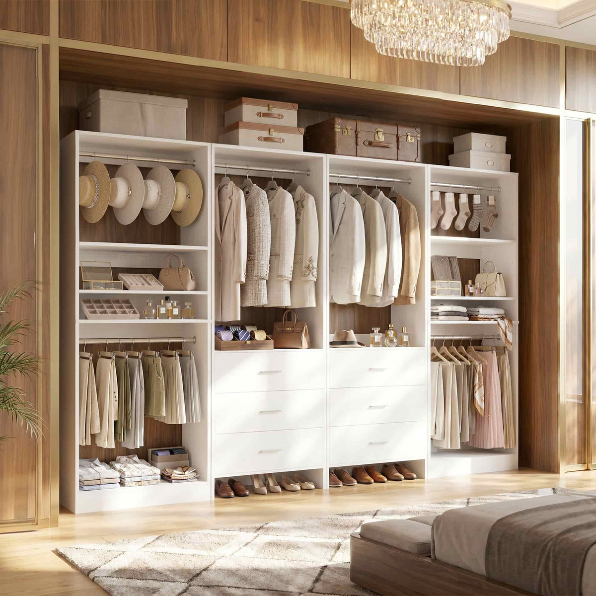 98'' W 4 Piece Walk in Closet Storage System with 6 Drawers & Hanging Rods