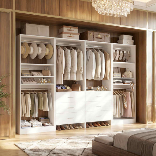 98'' W 4 Piece Walk in Closet Storage System with 6 Drawers & Hanging Rods