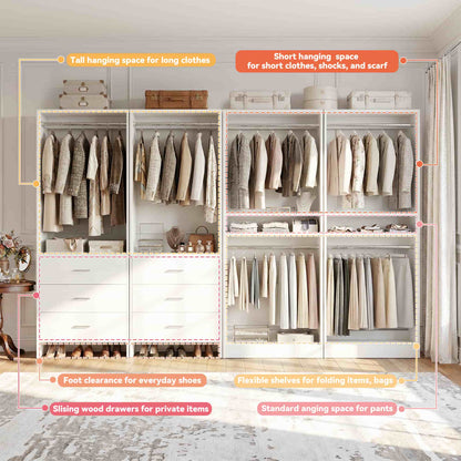 98'' W 4 Piece Walk in Closet Storage System with 6 Drawers & Hanging Rods