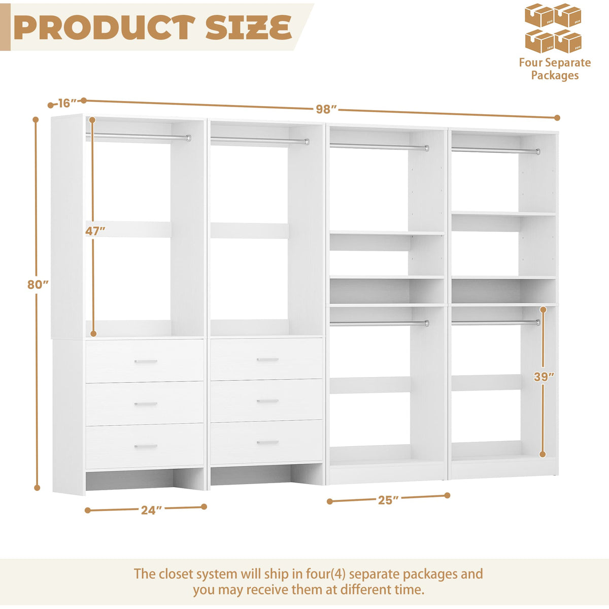 98'' W 4 Piece Walk in Closet Storage System with 6 Drawers & Hanging Rods