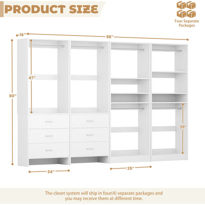 98'' W 4 Piece Walk in Closet Storage System with 6 Drawers & Hanging Rods