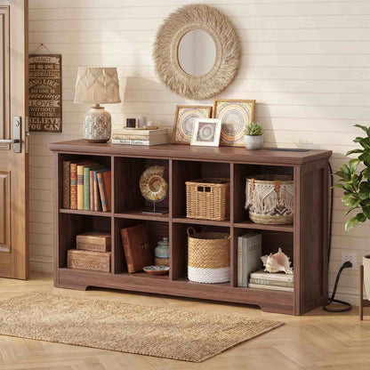 8-Cube Organizer, 50'' Width Cube Bookcase with Power Outlet and 9 Open Storage Shelves