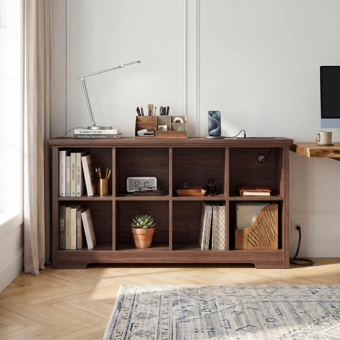8-Cube Organizer, 50'' Width Cube Bookcase with Power Outlet and 9 Open Storage Shelves