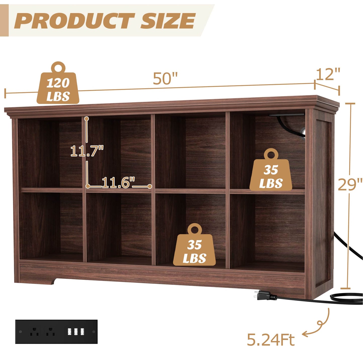 8-Cube Organizer, 50'' Width Cube Bookcase with Power Outlet and 9 Open Storage Shelves