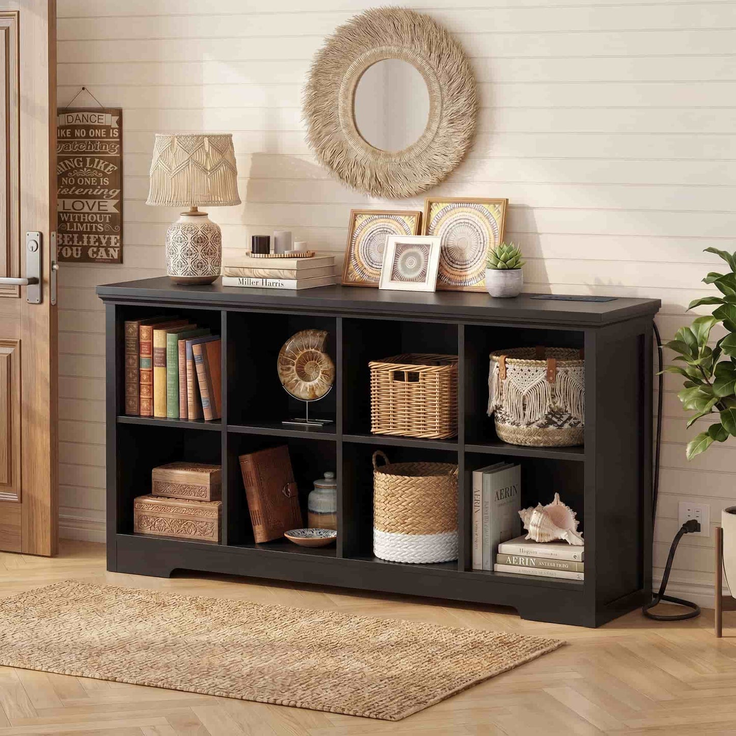 8-Cube Organizer, 50'' Width Cube Bookcase with Power Outlet and 9 Open Storage Shelves