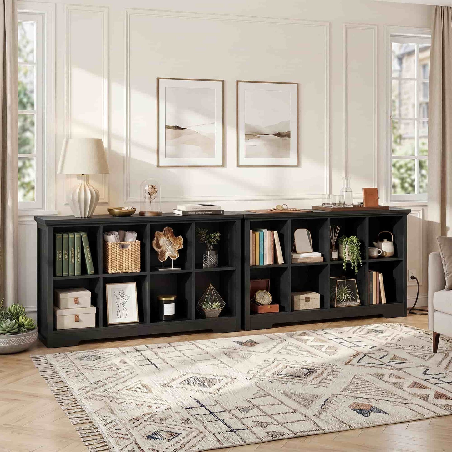 8-Cube Organizer, 50'' Width Cube Bookcase with Power Outlet and 9 Open Storage Shelves