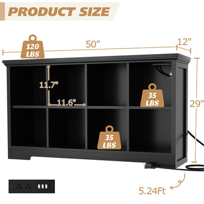 8-Cube Organizer, 50'' Width Cube Bookcase with Power Outlet and 9 Open Storage Shelves