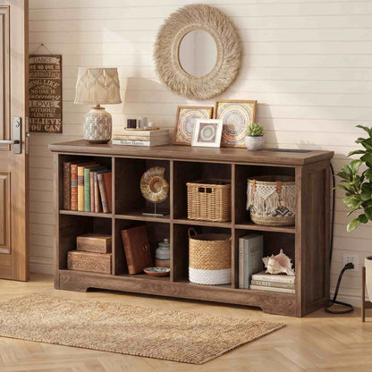 8-Cube Organizer, 50'' Width Cube Bookcase with Power Outlet and 9 Open Storage Shelves