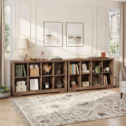 8-Cube Organizer, 50'' Width Cube Bookcase with Power Outlet and 9 Open Storage Shelves