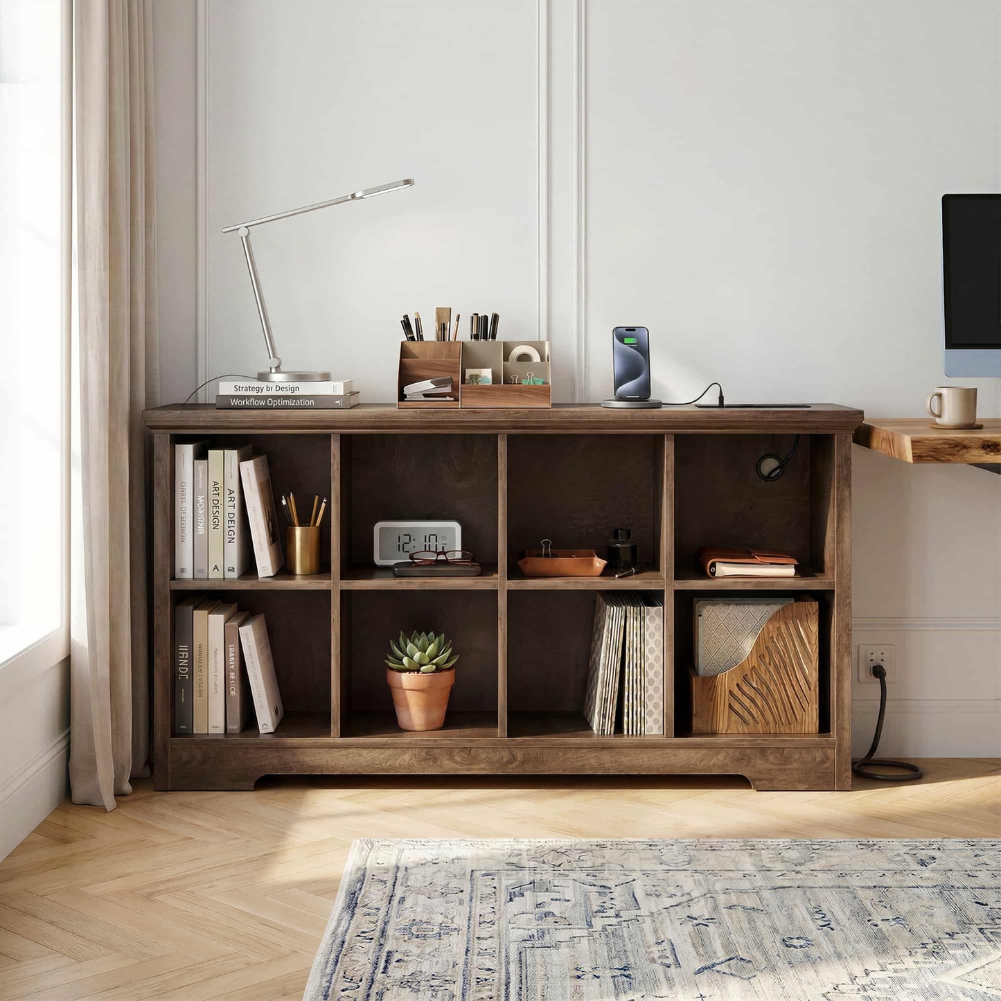 8-Cube Organizer, 50'' Width Cube Bookcase with Power Outlet and 9 Open Storage Shelves