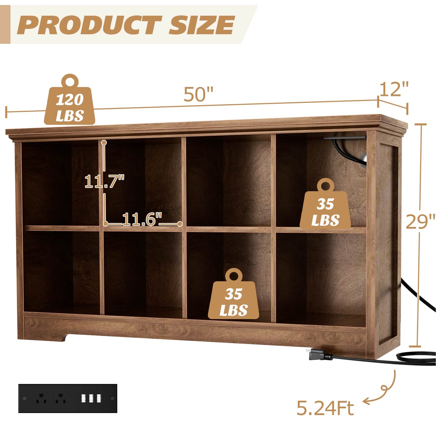 8-Cube Organizer, 50'' Width Cube Bookcase with Power Outlet and 9 Open Storage Shelves