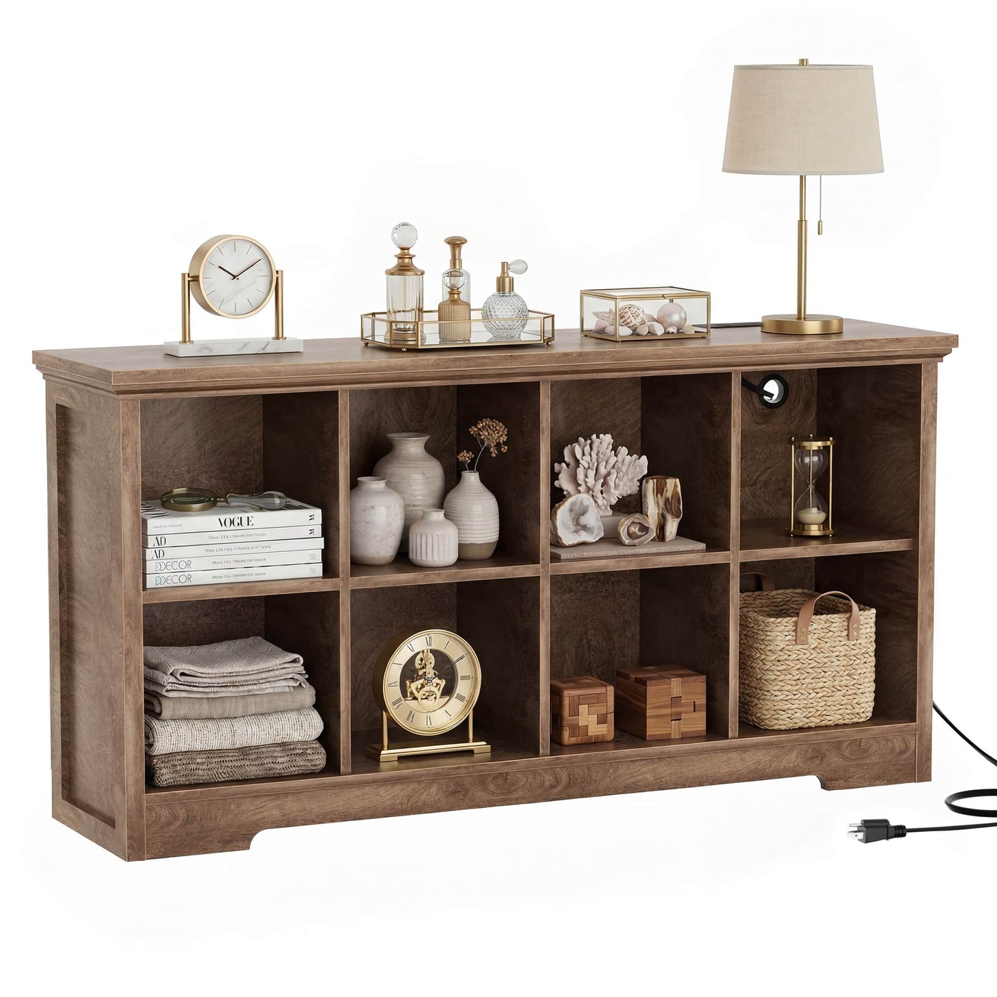 8-Cube Organizer, 50'' Width Cube Bookcase with Power Outlet and 9 Open Storage Shelves