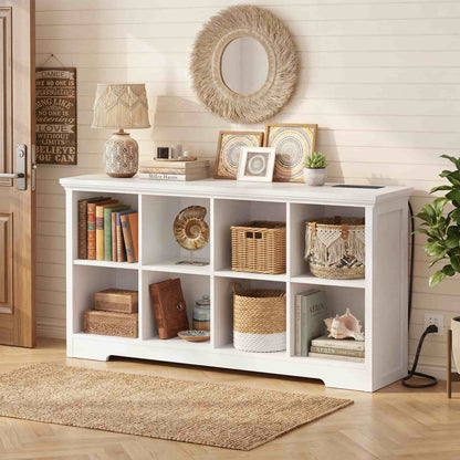 8-Cube Organizer, 50'' Width Cube Bookcase with Power Outlet and 9 Open Storage Shelves