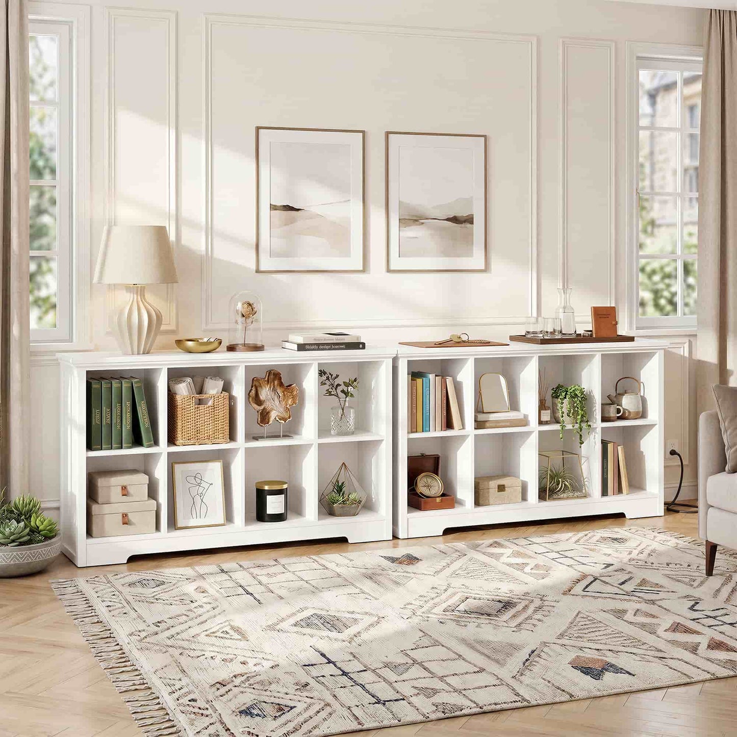 8-Cube Organizer, 50'' Width Cube Bookcase with Power Outlet and 9 Open Storage Shelves