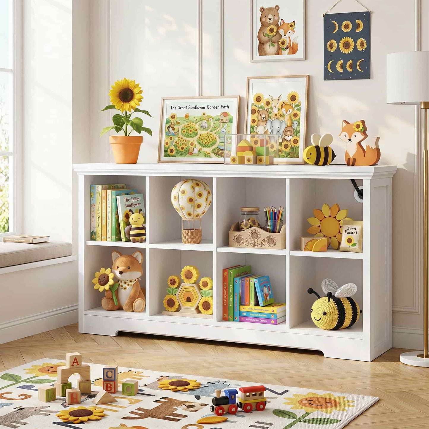 8-Cube Organizer, 50'' Width Cube Bookcase with Power Outlet and 9 Open Storage Shelves