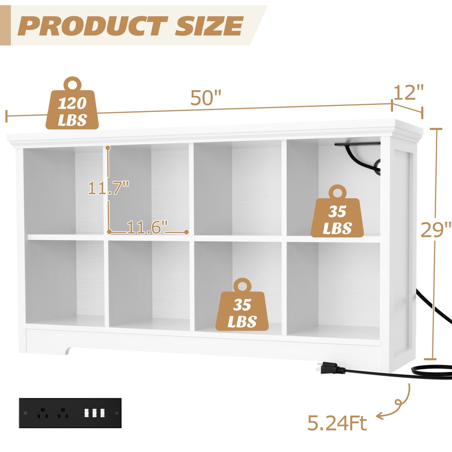 8-Cube Organizer, 50'' Width Cube Bookcase with Power Outlet and 9 Open Storage Shelves