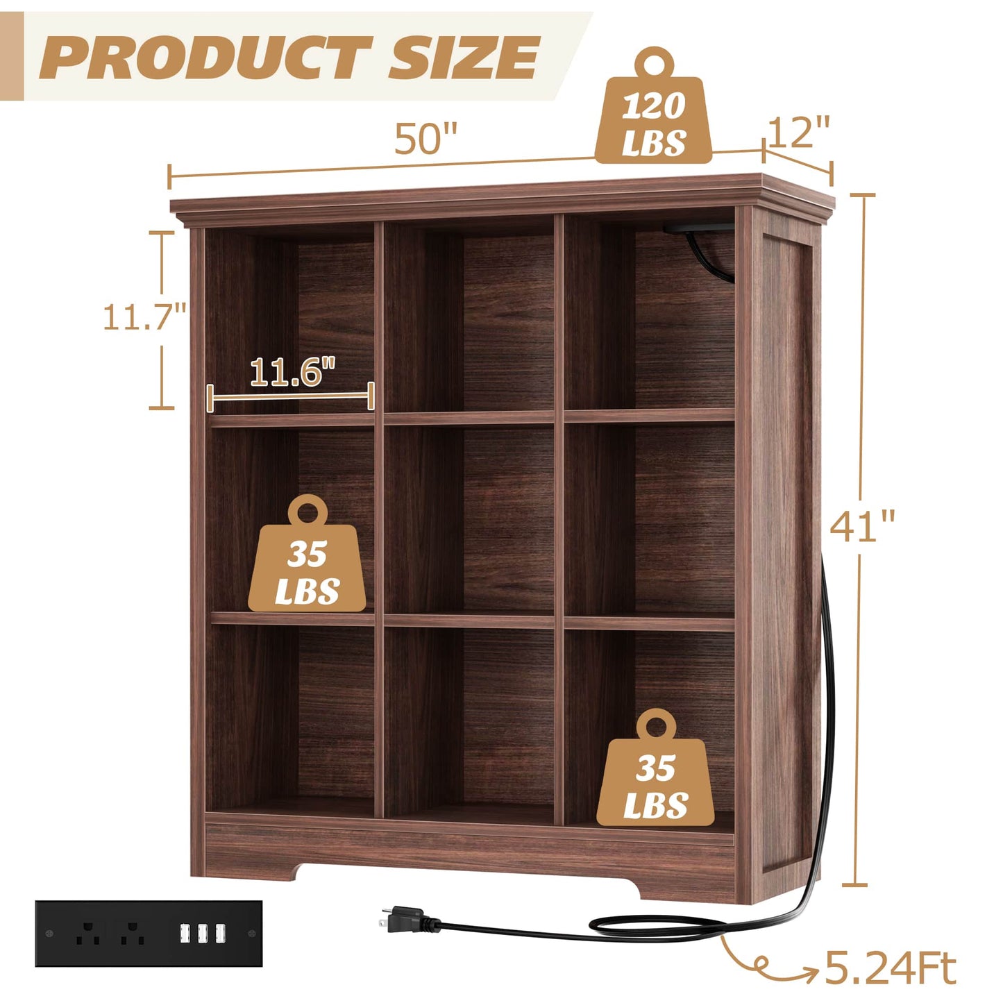 41'' Tall 9 Cube Storage Organizer with Charging Station