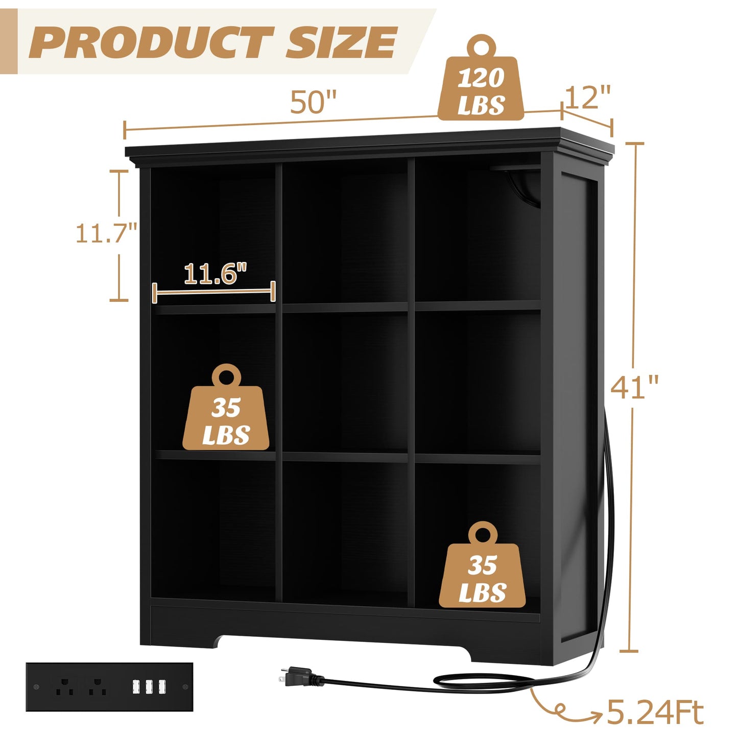 41'' Tall 9 Cube Storage Organizer with Charging Station