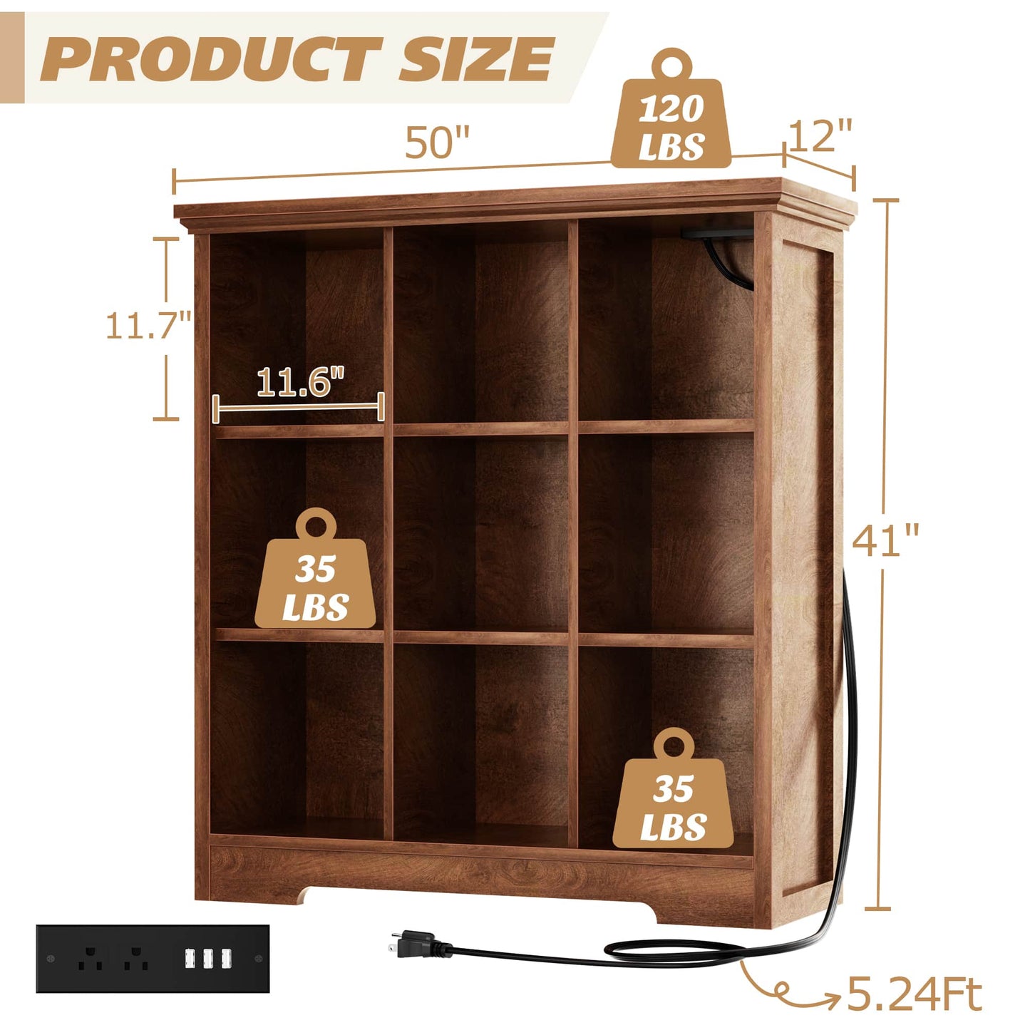 41'' Tall 9 Cube Storage Organizer with Charging Station