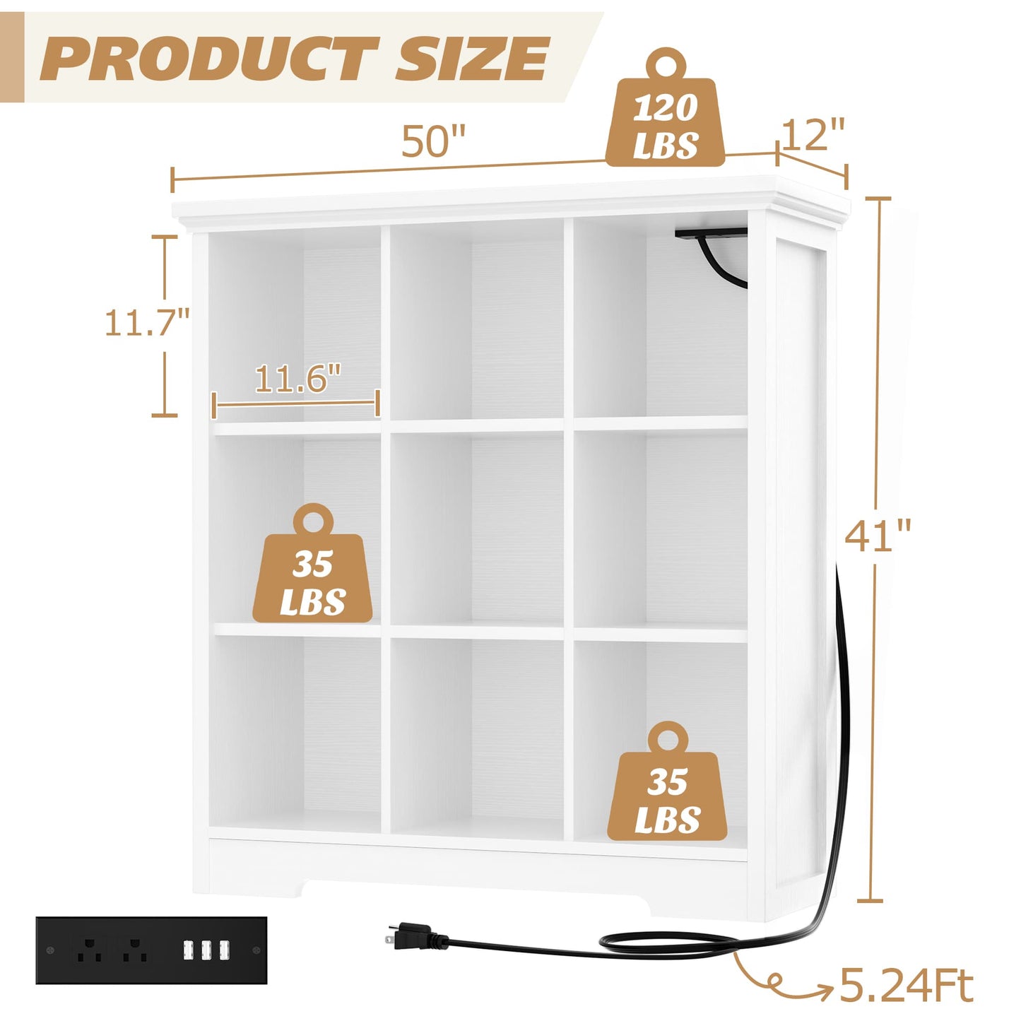 41'' Tall 9 Cube Storage Organizer with Charging Station