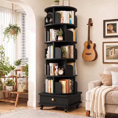 6-Tier Rotating Bookshelf with Lockable Wheels & Hidden Drawer, 360° Revolving Book Tower for Small Spaces, Bedroom, Living Room