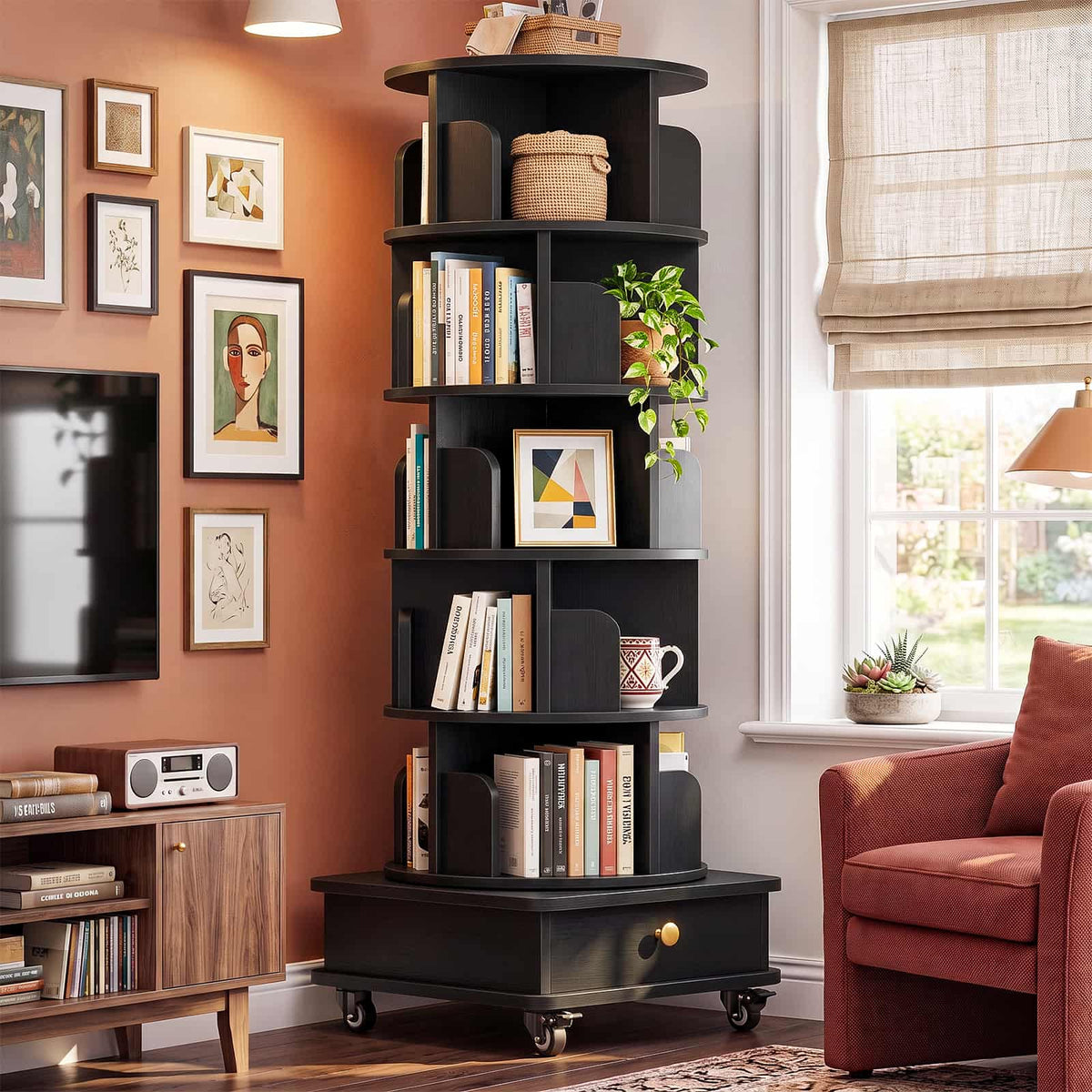 6-Tier Rotating Bookshelf with Lockable Wheels & Hidden Drawer, 360° Revolving Book Tower for Small Spaces, Bedroom, Living Room