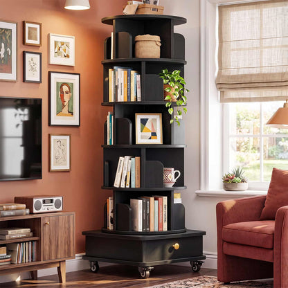 6-Tier Rotating Bookshelf with Lockable Wheels & Hidden Drawer, 360° Revolving Book Tower for Small Spaces, Bedroom, Living Room