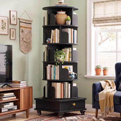 6-Tier Rotating Bookshelf with Lockable Wheels & Hidden Drawer, 360° Revolving Book Tower for Small Spaces, Bedroom, Living Room