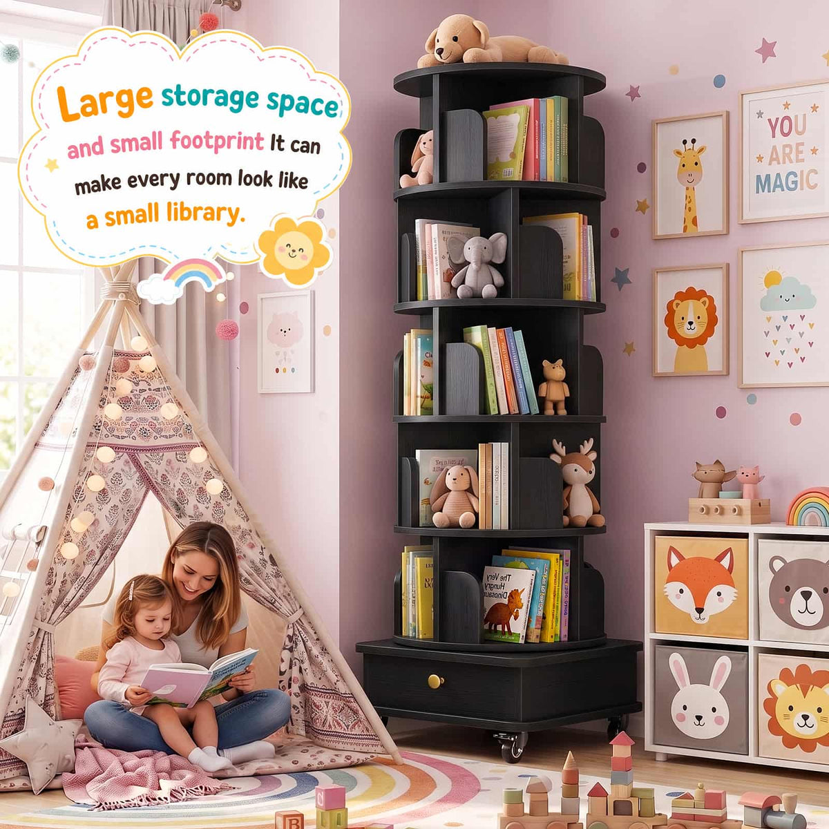 6-Tier Rotating Bookshelf with Lockable Wheels & Hidden Drawer, 360° Revolving Book Tower for Small Spaces, Bedroom, Living Room