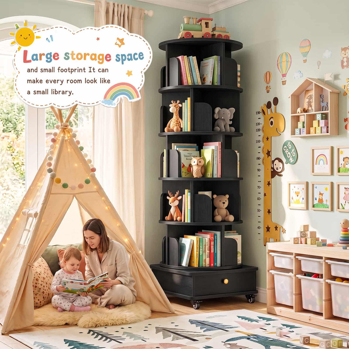 6-Tier Rotating Bookshelf with Lockable Wheels & Hidden Drawer, 360° Revolving Book Tower for Small Spaces, Bedroom, Living Room