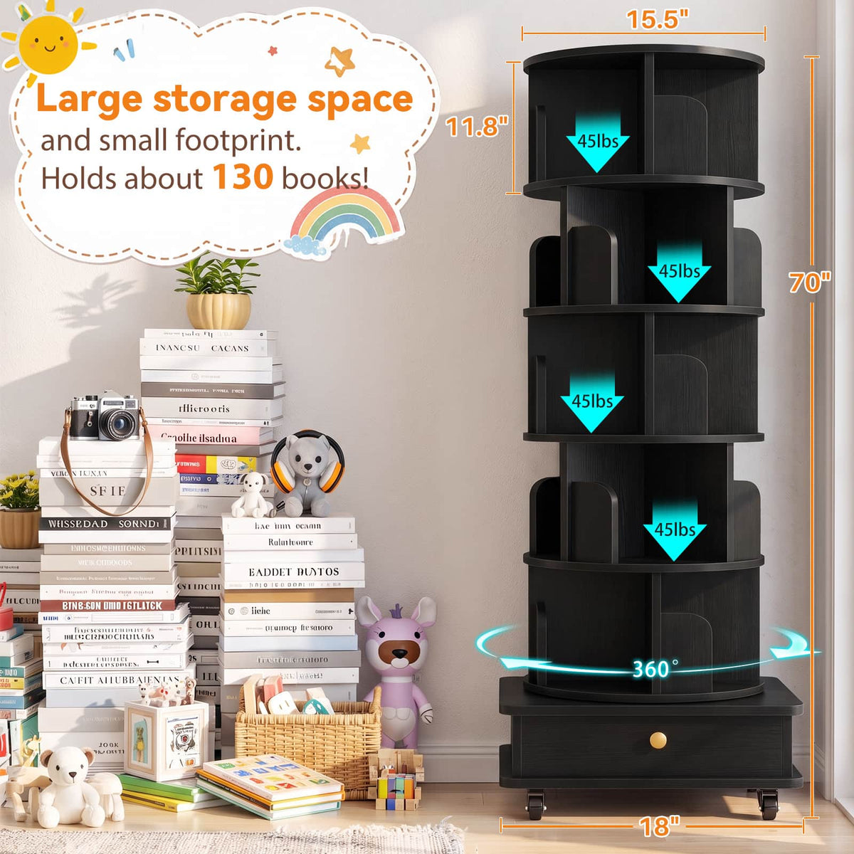 6-Tier Rotating Bookshelf with Lockable Wheels & Hidden Drawer, 360° Revolving Book Tower for Small Spaces, Bedroom, Living Room
