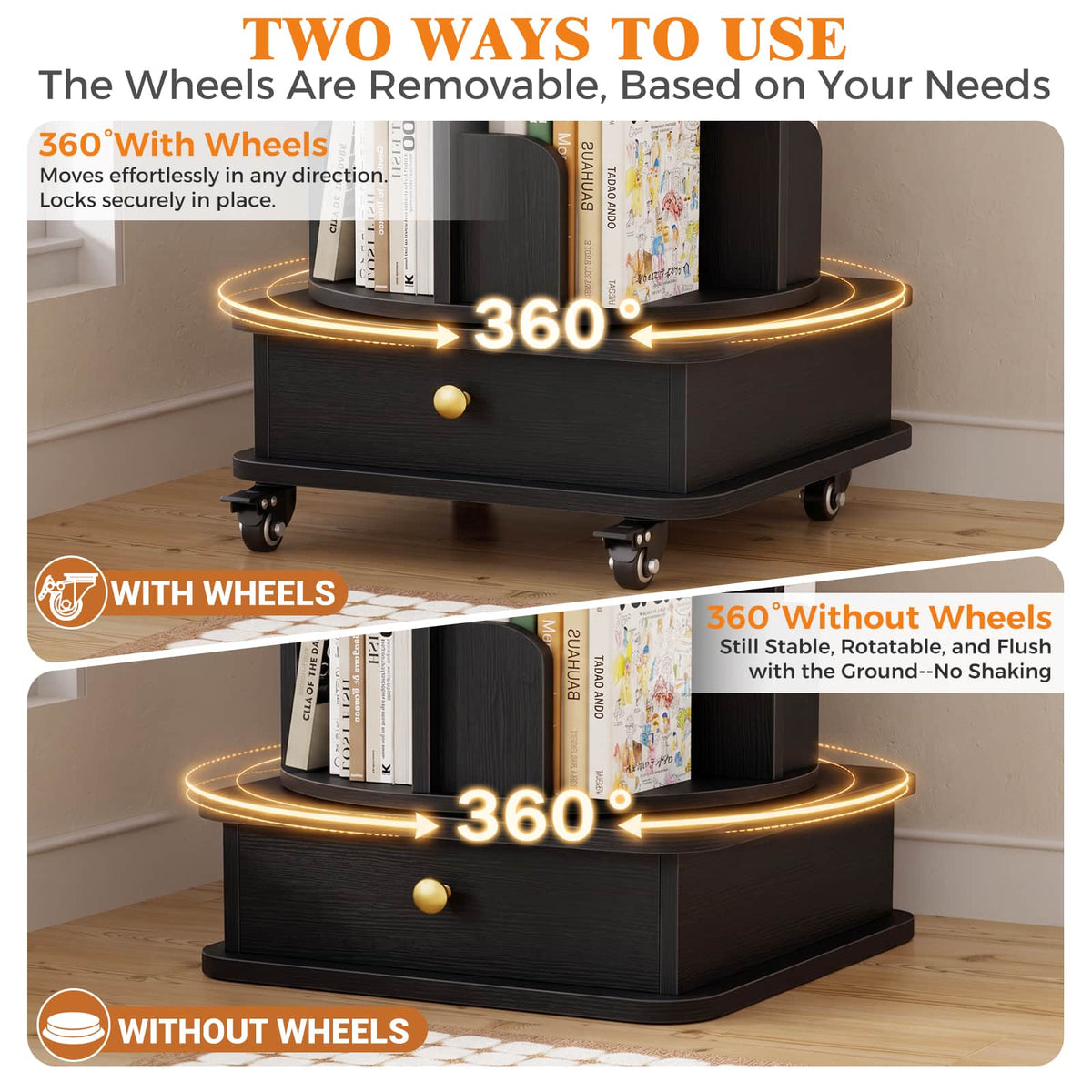 6-Tier Rotating Bookshelf with Lockable Wheels & Hidden Drawer, 360° Revolving Book Tower for Small Spaces, Bedroom, Living Room