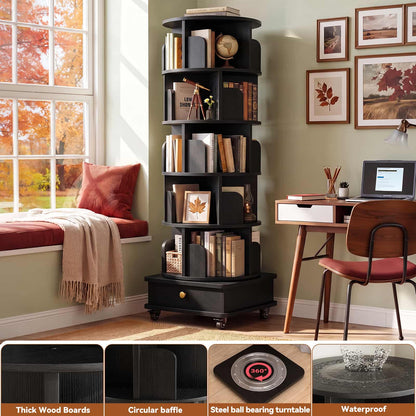 6-Tier Rotating Bookshelf with Lockable Wheels & Hidden Drawer, 360° Revolving Book Tower for Small Spaces, Bedroom, Living Room