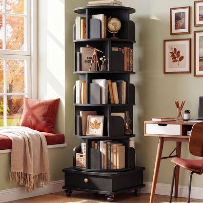 6-Tier Rotating Bookshelf with Lockable Wheels & Hidden Drawer, 360° Revolving Book Tower for Small Spaces, Bedroom, Living Room