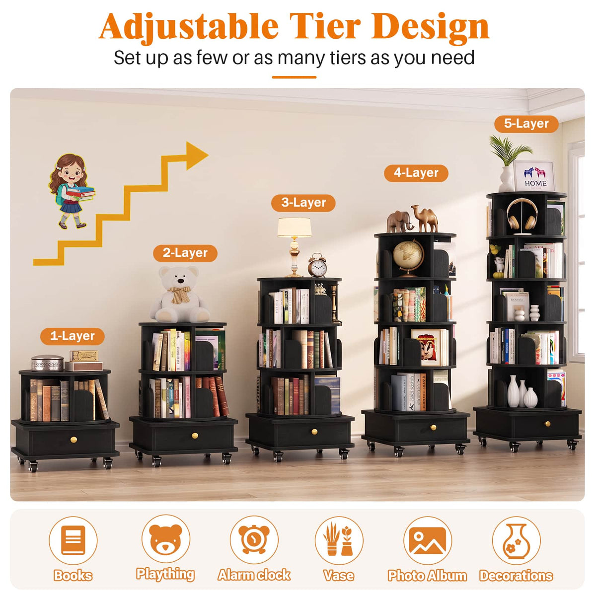 6-Tier Rotating Bookshelf with Lockable Wheels & Hidden Drawer, 360° Revolving Book Tower for Small Spaces, Bedroom, Living Room